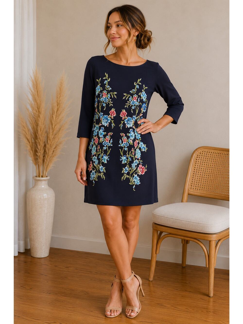 Shelby & Palmer Floral Embroidered Print Shift Dress Large Navy Blue 3/4 Sleeve